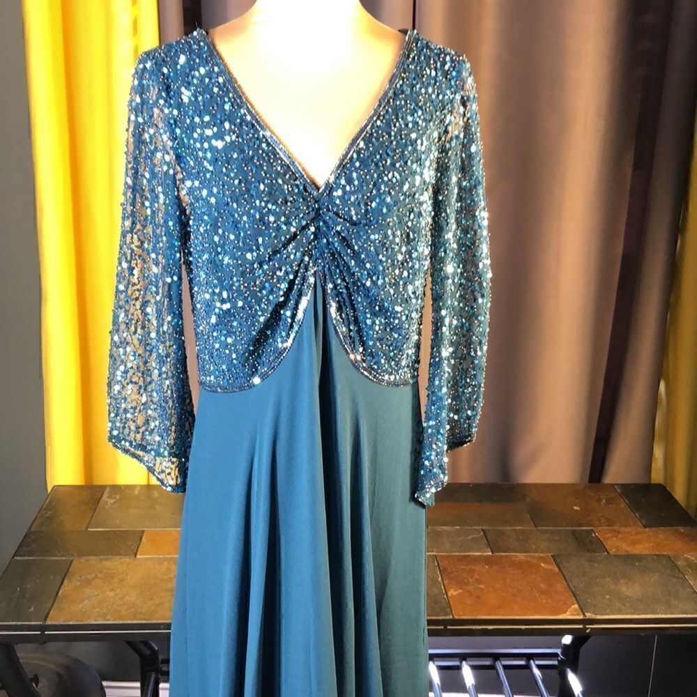 J Kara Women's 3/4 Sleeve V-Neck Embellished Top Long Dress Teal 6P